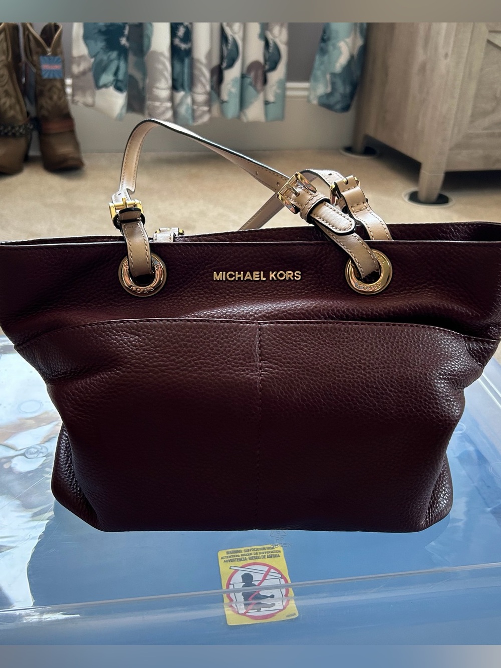 Michael Kors Burgundy Leather Tote with Tan Handles